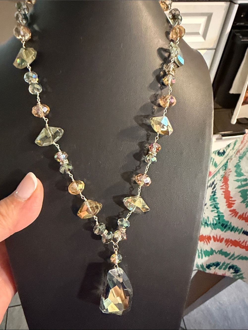 Faceted Multi-Color glass Necklace with Blue Pendant Sterling 925 16”-18” extend
